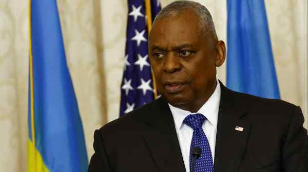 U.S. Defense Secretary Lloyd Austin delivers a speech&nbsp;in Kyiv.