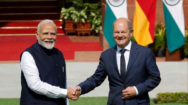 Indian Prime Minister Narendra&nbsp;Modi shakes hands with German Chancellor Olaf&nbsp;Scholz&nbsp;at Hyderabad House in New Delhi on Oct. 25.