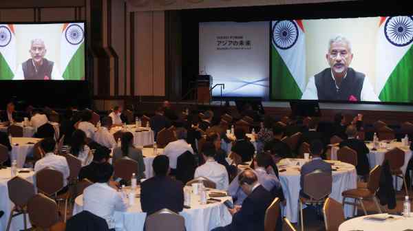 Indian External Affairs Minister Subrahmanyam Jaishankar delivers a video address at the Future of Asia forum in Tokyo on May 24. (Photo by Yuki Kohara)&nbsp;