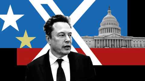 Montage of images of Elon Musk against a background of the X logo and Capital Hill in Washington DC