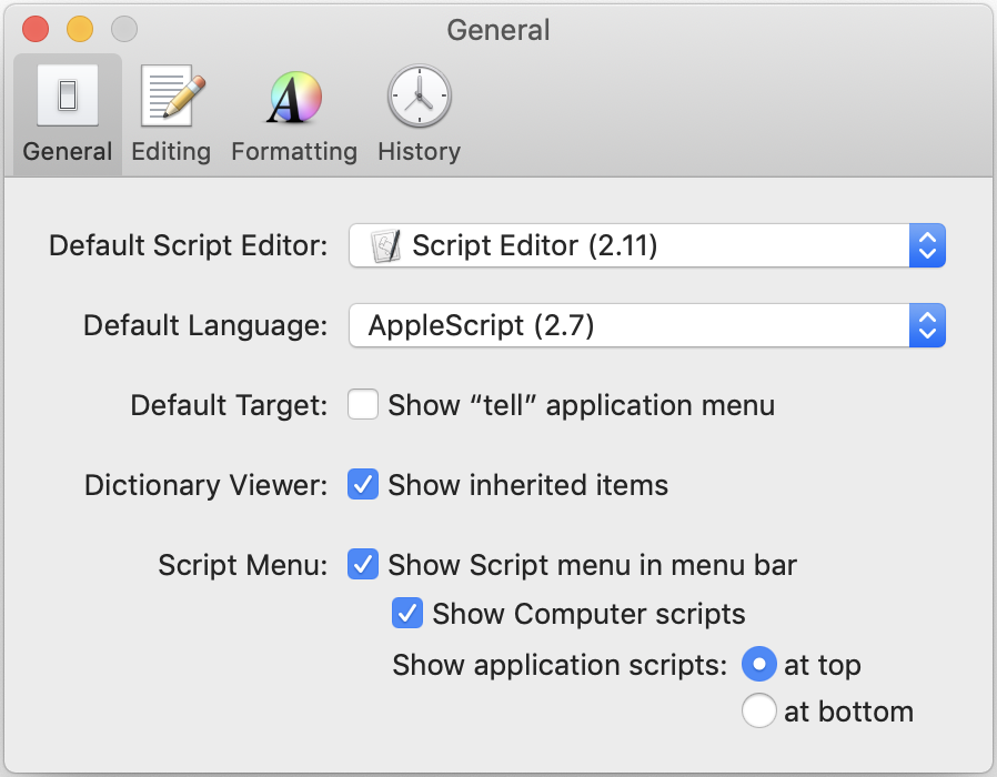 AppleScript Editor: Enable Script Menu: Enable the Script Menu in AppleScript Editor’s preferences.; AppleScript