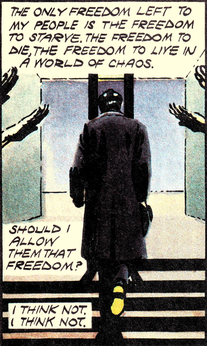 Adam Susan: The Freedom to Starve: Adam Susan in V for Vendetta: “The only freedom left to my people is the freedom to starve. The freedom to die, the freedom to live in a world of chaos. Should I allow them that freedom? I think not.”; freedom; liberty; Alan Moore; V for Vendetta; David Lloyd