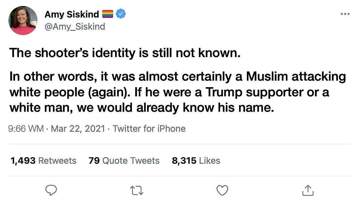 Amy Siskind Satire: Amy Siskind: Shooter’s identity still not known. Almost certainly a Muslim attacking white people (again).; satire; mass murder; King Soopers Boulder shooting; Amy Siskind