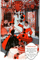 Illustration of two people dressed in black and red costumes in a room decorated for a party.