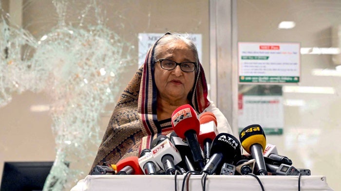 Bangladesh’s former Prime Minister Sheikh Hasina addresses the media in Mirpur after the anti-quota protests. 