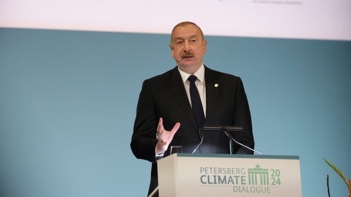 President Ilham Aliyev of Azerbaijan speaks on day two of the Petersberg Climate Dialogue in Berlin, Germany, April 26, 2024.