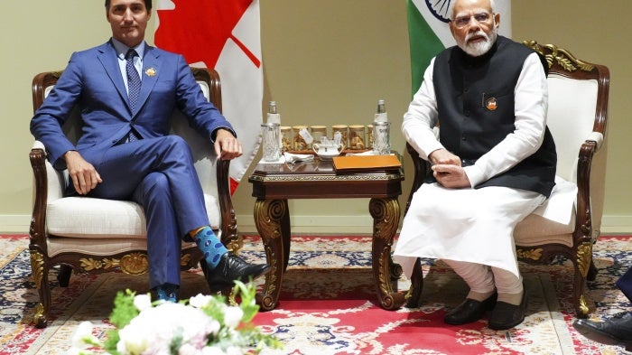 Prime Minister Justin Trudeau (L) in a bilateral meeting with Indian Prime Minister Narendra Modi during the G20 Summit in New Delhi, India, September 10, 2023. 