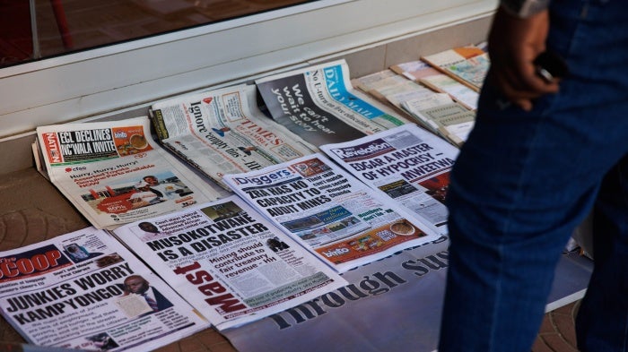 Newspapers for sale outside a store in Lusaka, Zambia, on February 23, 2024.