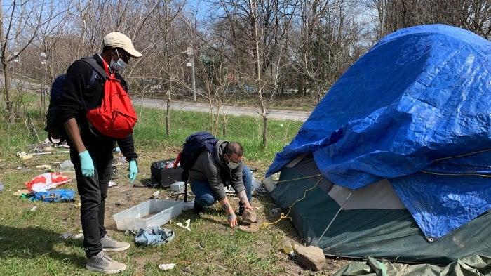 A Gerstein Crisis Centre Mobile Team paying a visit to an encampment for people without homes