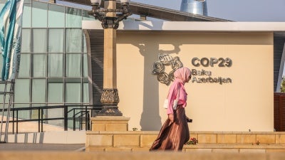 The COP29 stand at Baku Boulevard in Baku, Azerbaijan, July 28, 2024.