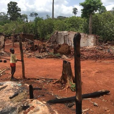 Children stand among houses burnt during an eviction operation in the protected forest of Goin-Débé, Côte d'Ivoire, in January 2016.