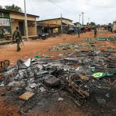 Ivorian soldiers patrol the town of M’Batto after intercommunal clashes on November 9 and 10 following Côte d’Ivoire's October 31 presidential election, November 12, 2020. 