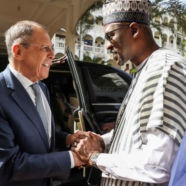 Mali's Foreign Minister Abdoulaye Diop, right, welcomes Russia's Foreign Minister Sergey Lavrov during their meeting in Bamako, Mali, February 7, 2023. 