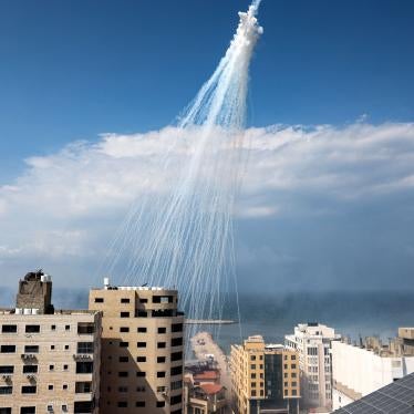 Airbursts of artillery-fired white phosphorus fall over the Gaza city port, October 11, 2023. 