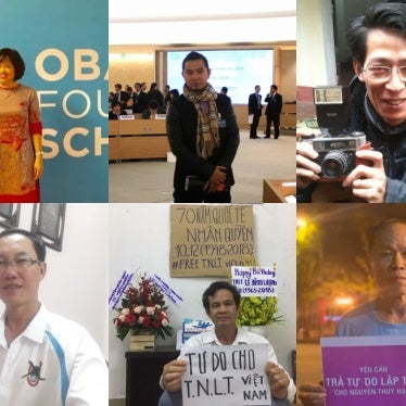 Six Vietnamese rights activists and bloggers currently detained for exercising their basic rights. Top row from left to right: Hoang Thi Minh Hong, Bui Tuan Lam, Nguyen Lan Thang. Bottom row: Dang Dang Phuoc, Tran Van Bang, Truong Van Dung.