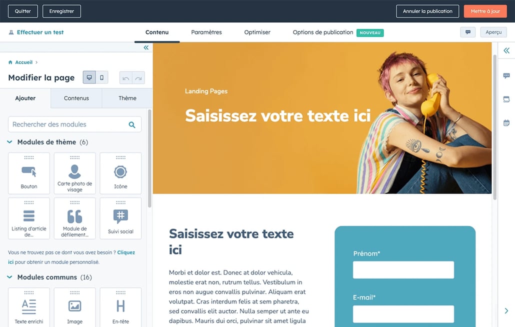 Création d'une landing page gratuite dans HubSpot avec ajout de blocs de contenu