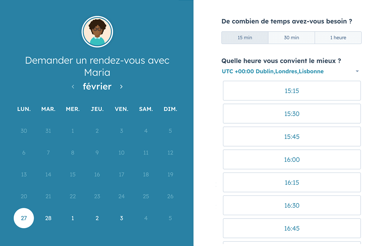 Options de disponibilités lors de la prise de rendez-vous