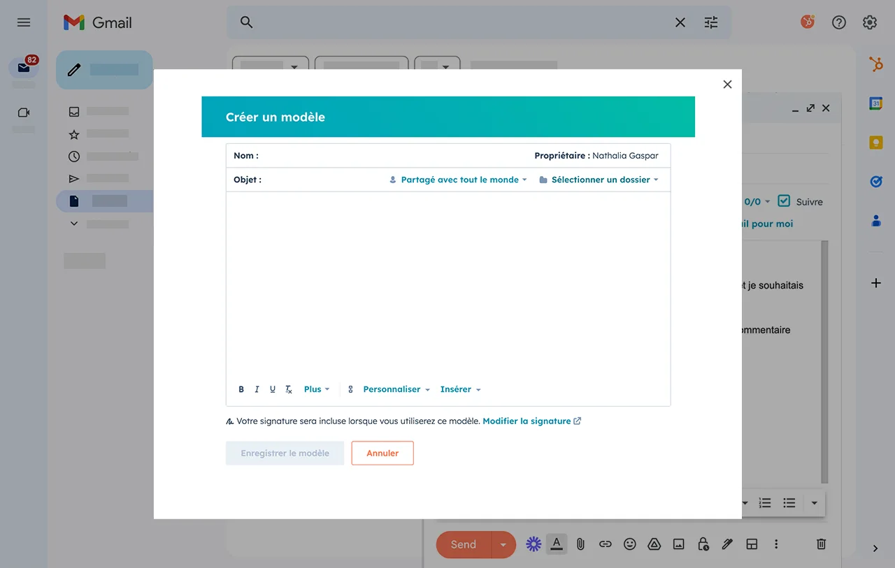 Rédaction d'un brouillon d'e-mail commercial dans le générateur de modèles d'e-mails de HubSpot