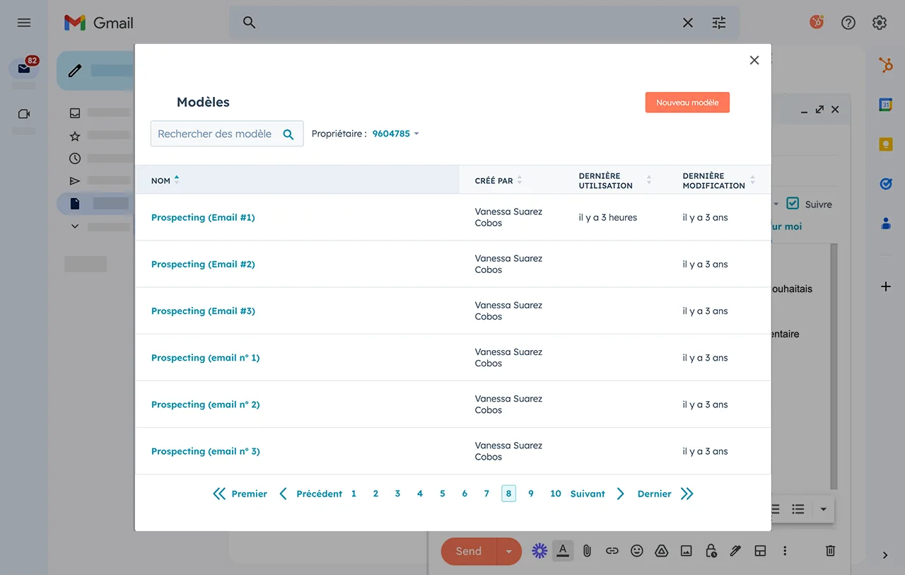 Liste de modèles d'e-mails HubSpot affichée dans la boîte de réception