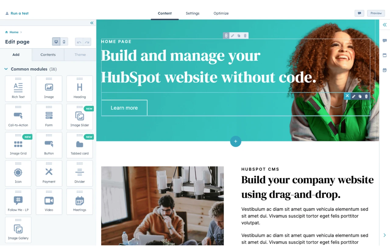 HubSpot website builder showing drag-and-drop interface.