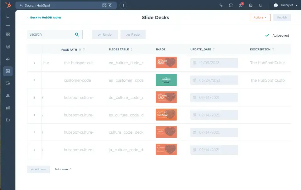 hubdb table with slides 