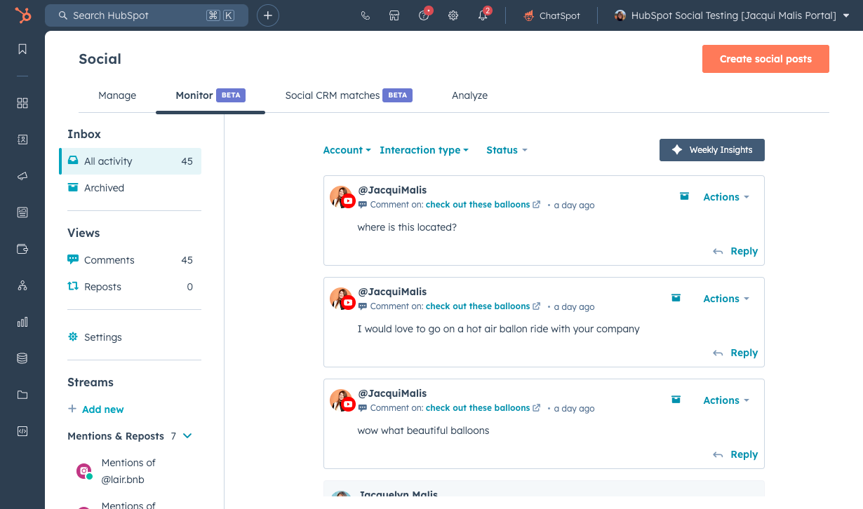 hubspot's social inbox showing a comment interaction in the inbox