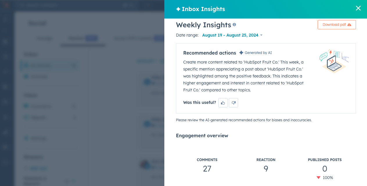 hubspot's social media software user interface showing inbox insights