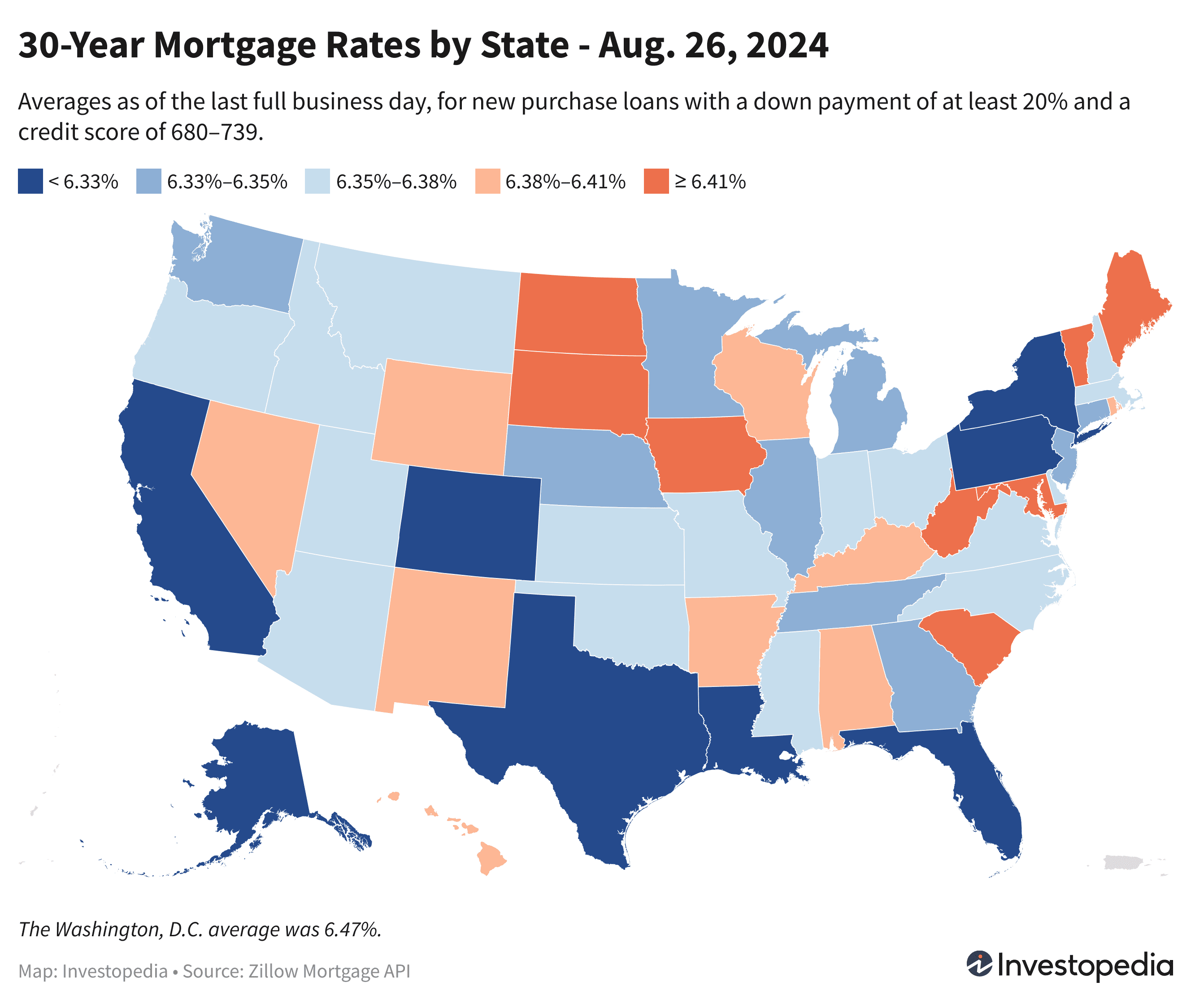 U.S. map showing the 30-year mortgage rates for every state - Aug. 26, 2024