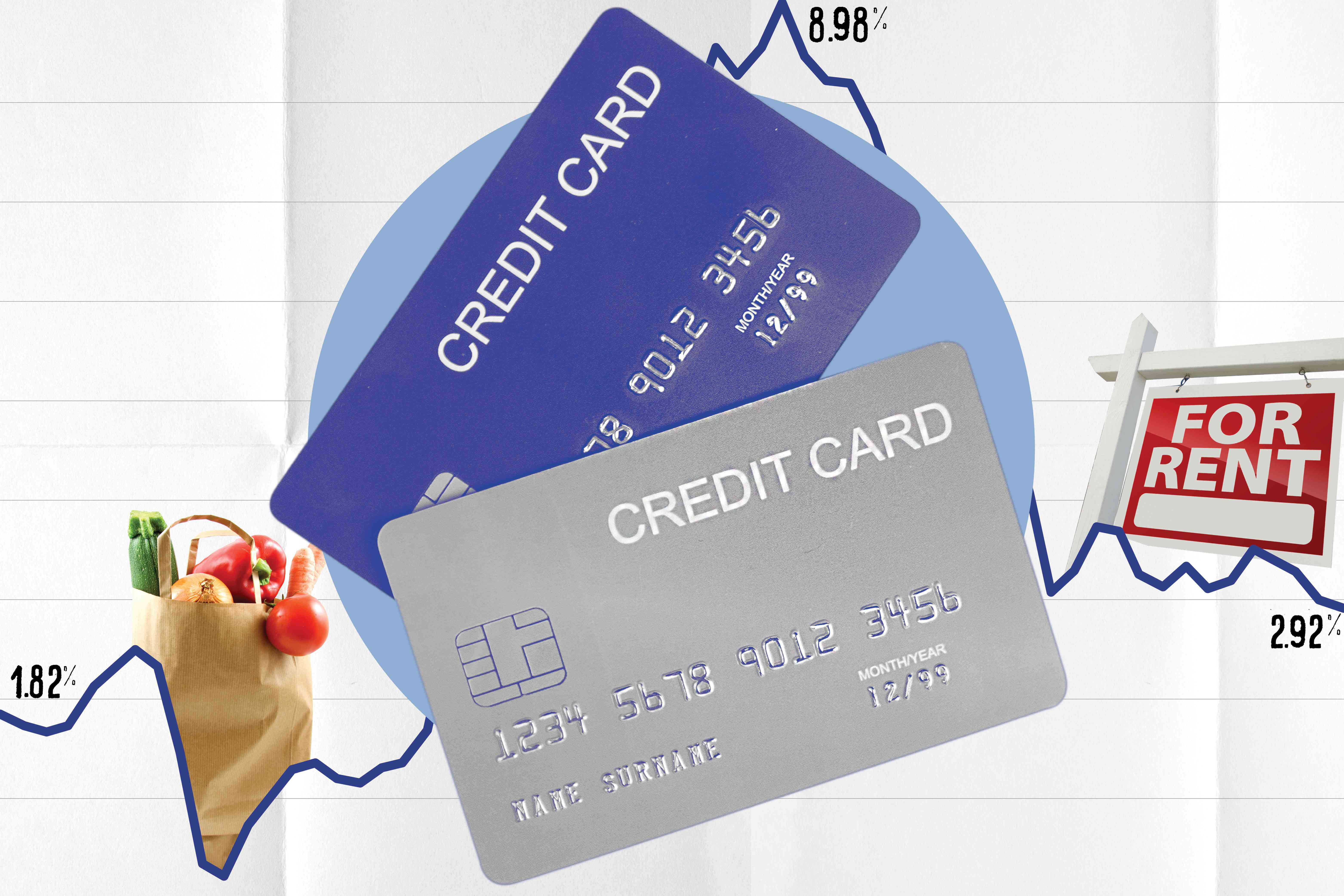 Credit cards are overlaid on top of an inflation graph in this illustration.