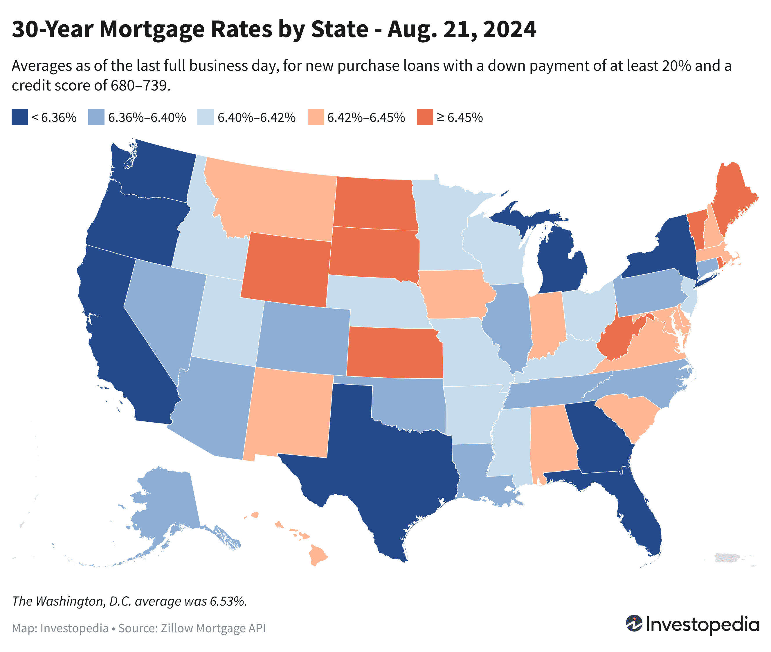 U.S. map showing the 30-year mortgage rates for every state - Aug. 21, 2024