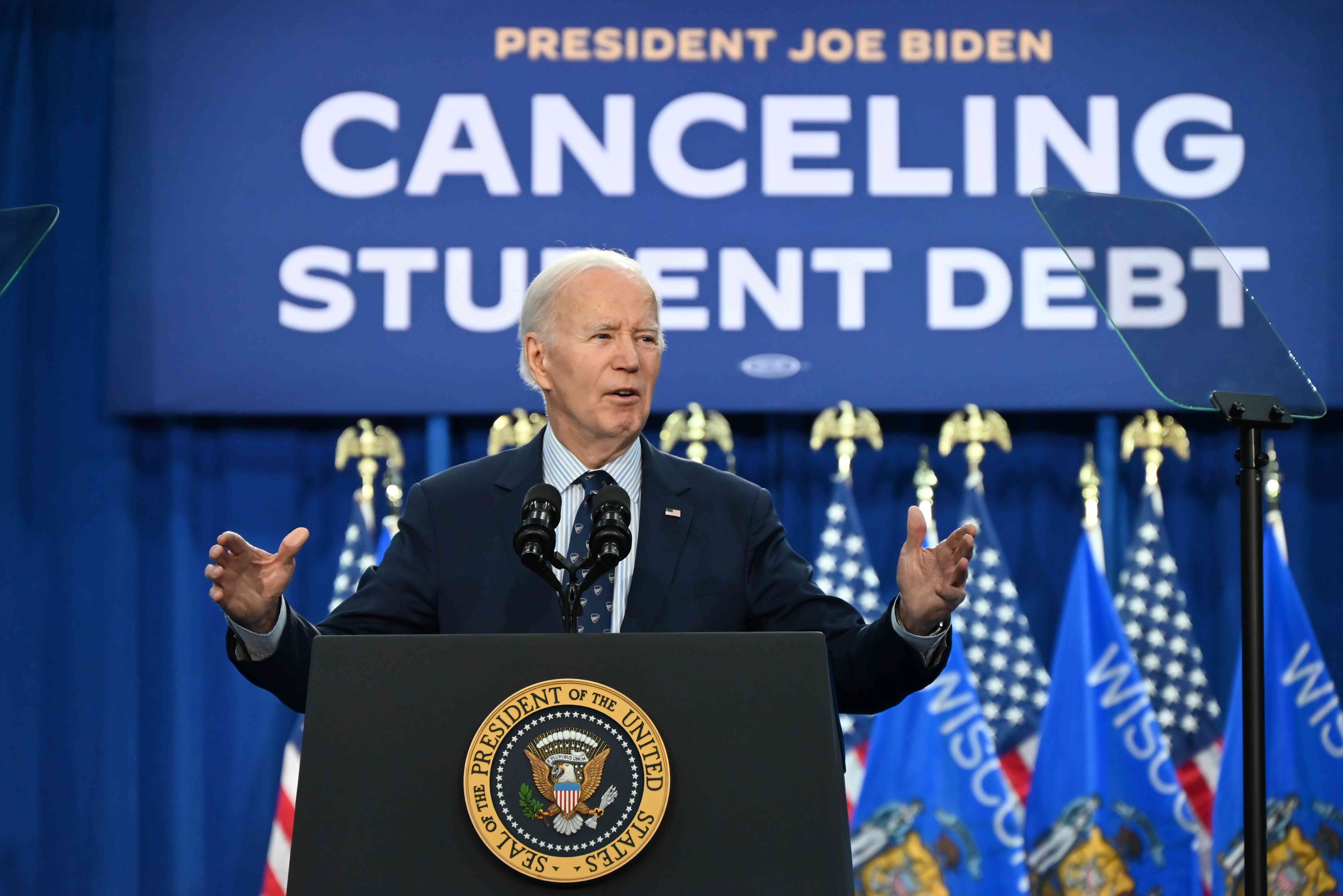 US President of the United States Joe Biden delivers remarks on student debt and lowering costs for Americans at Madison College in Madison, Wisconsin, United States on April 8, 2024.