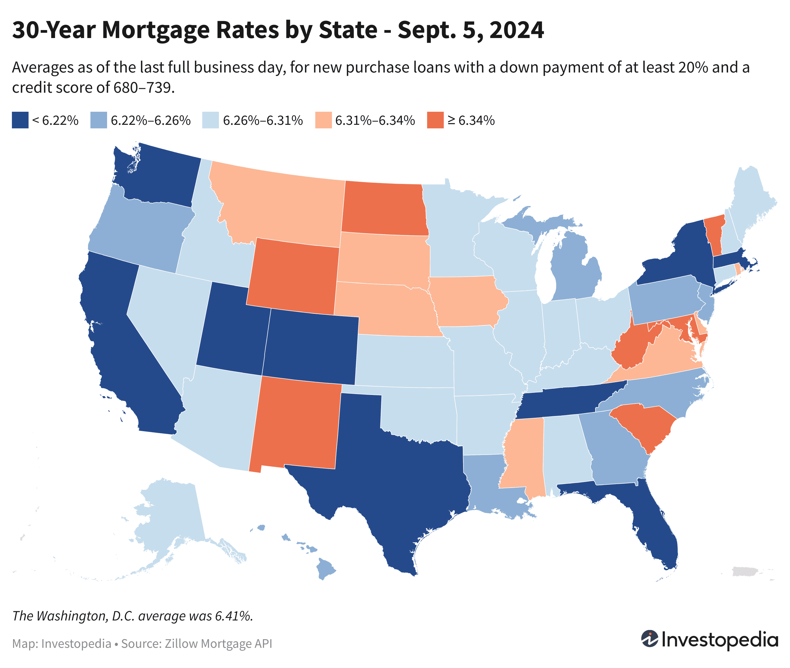 U.S. map showing the 30-year mortgage rates for every state - Sep. 5, 2024