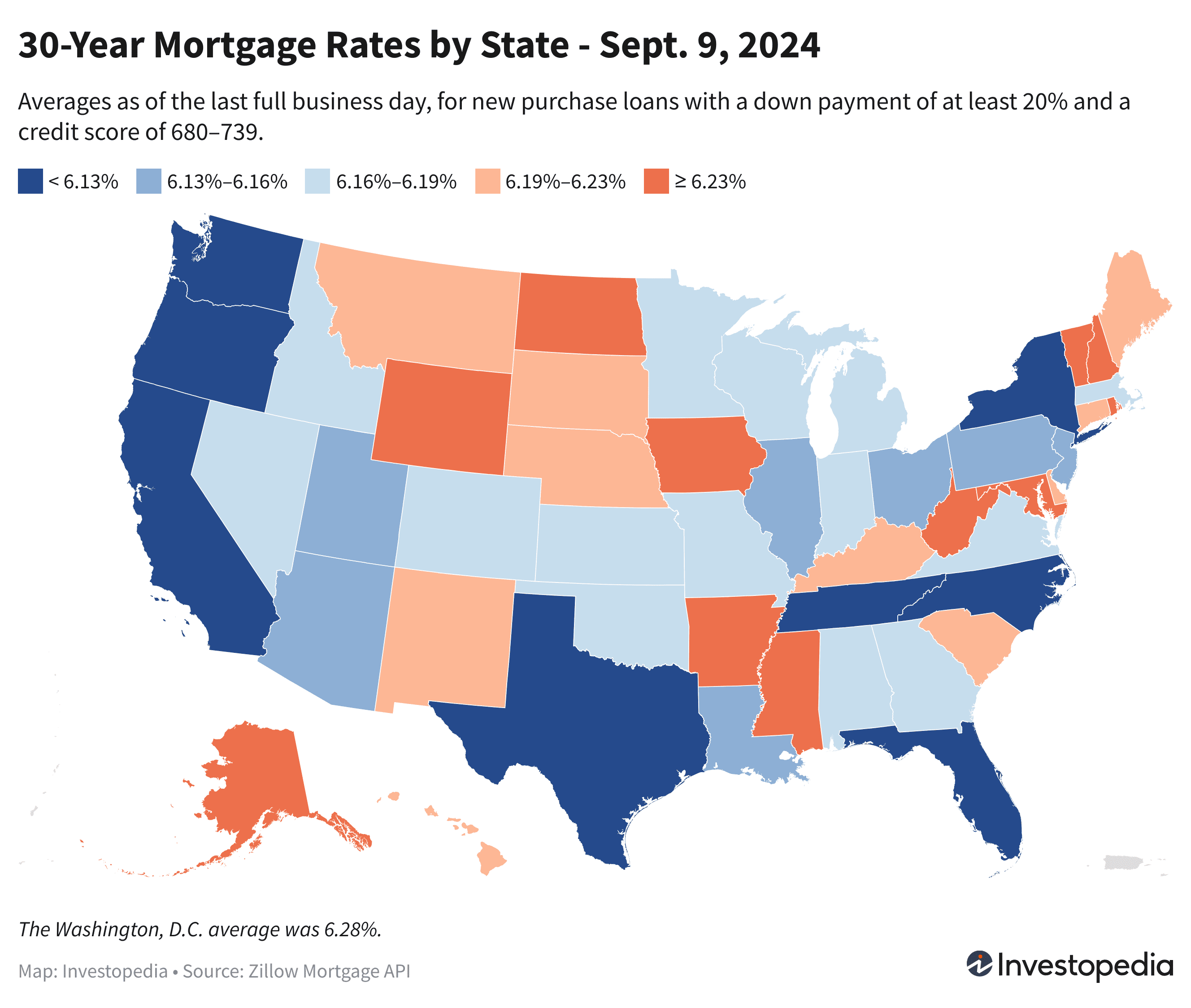 U.S. map showing the 30-year mortgage rates for every state - Sep. 9, 2024