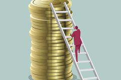 Cartoon Man Climbing Ladder Up Coins