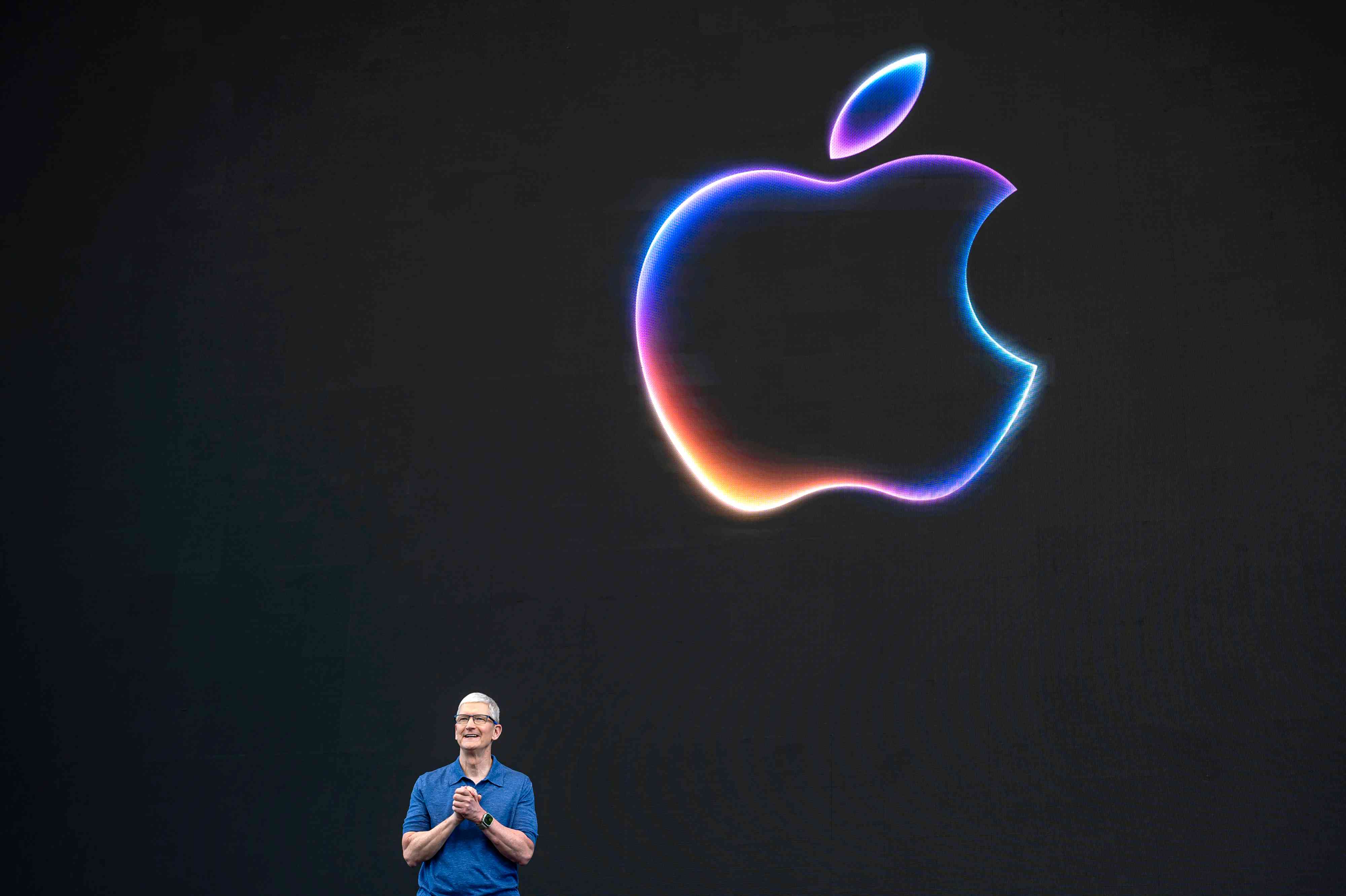 Tim Cook, chief executive officer of Apple Inc., during the Apple Worldwide Developers Conference at Apple Park campus in Cupertino, California, US, on Monday, June 10, 2024. 