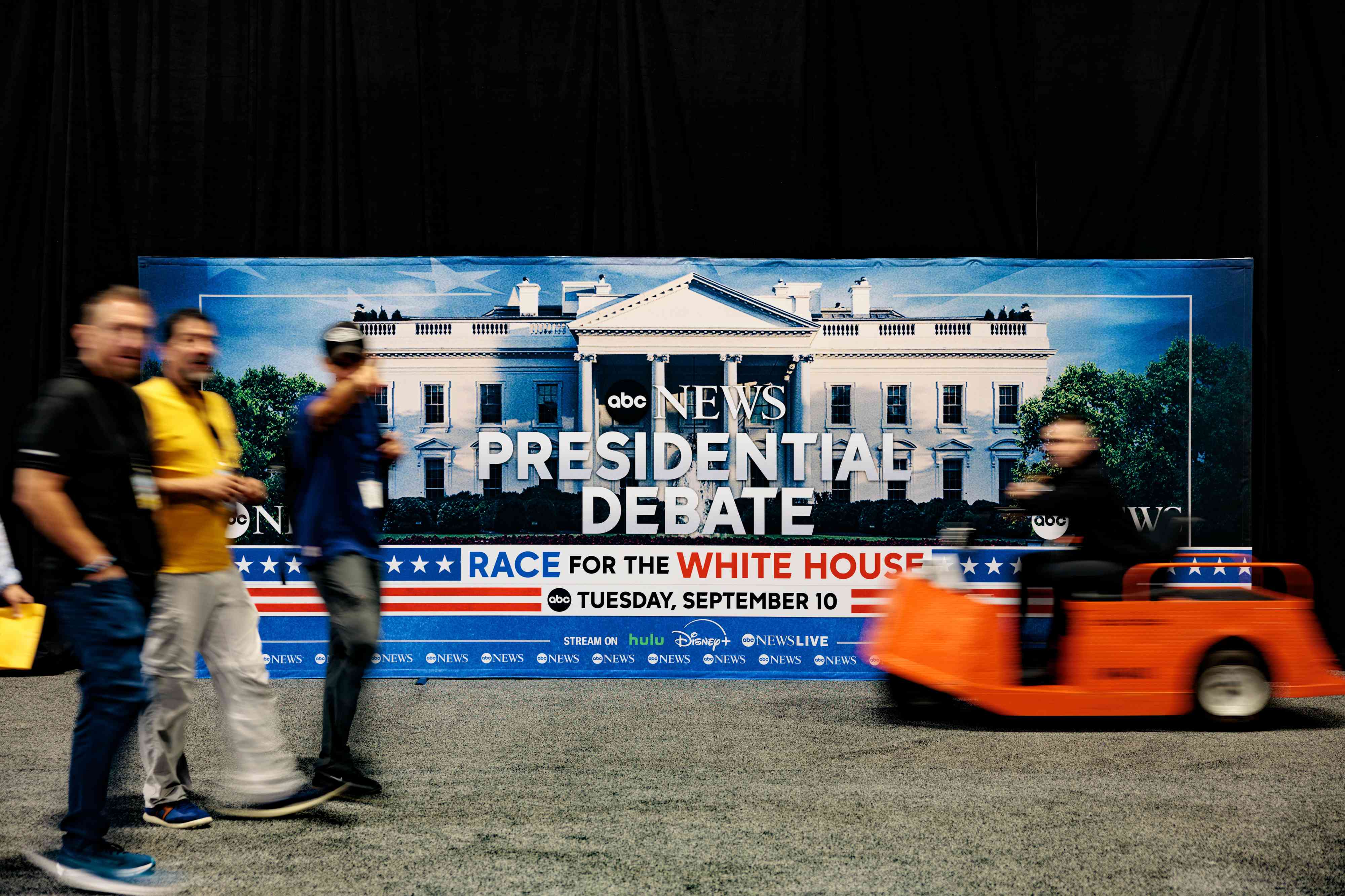 Workers in the spin room ahead of the second presidential debate at the Pennsylvania Convention Center in Philadelphia.