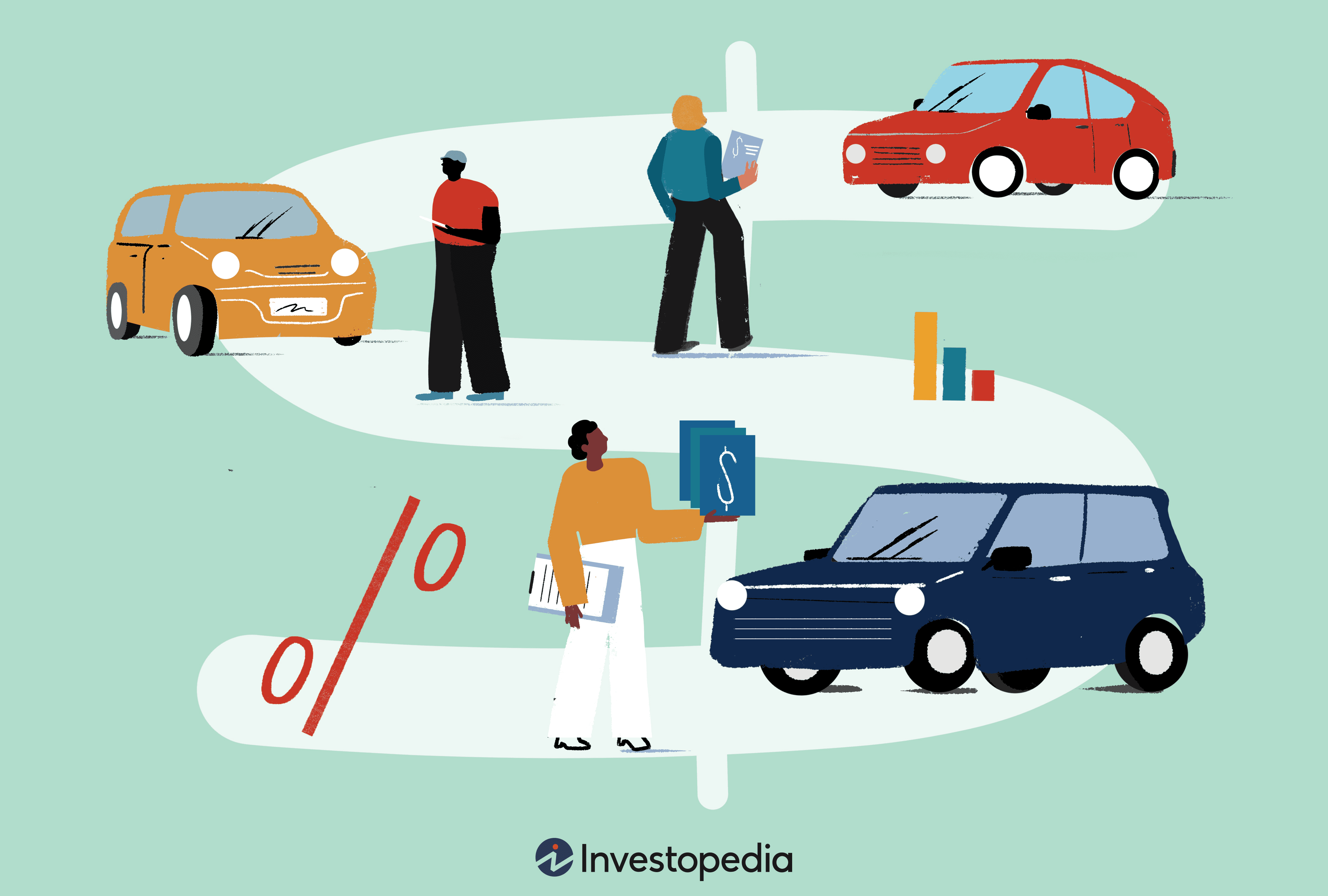 Original illustration symbolizing the best auto loan rates, showing a dollar sign with figures of cars, people, and monetary symbols.