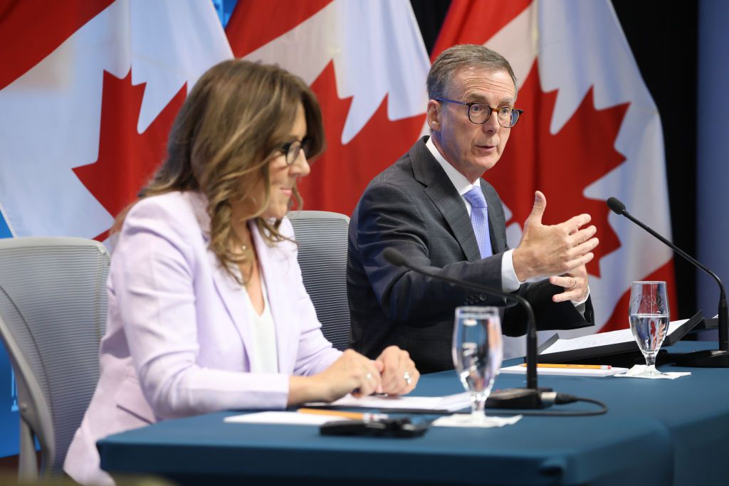 Tiff Macklem, governor of the Bank of Canada, right, and Carolyn Rogers, senior deputy governor of the Bank of Canada, during a news conference in Ottawa, Ontario, Canada, on Wednesday, July 24, 2024. 