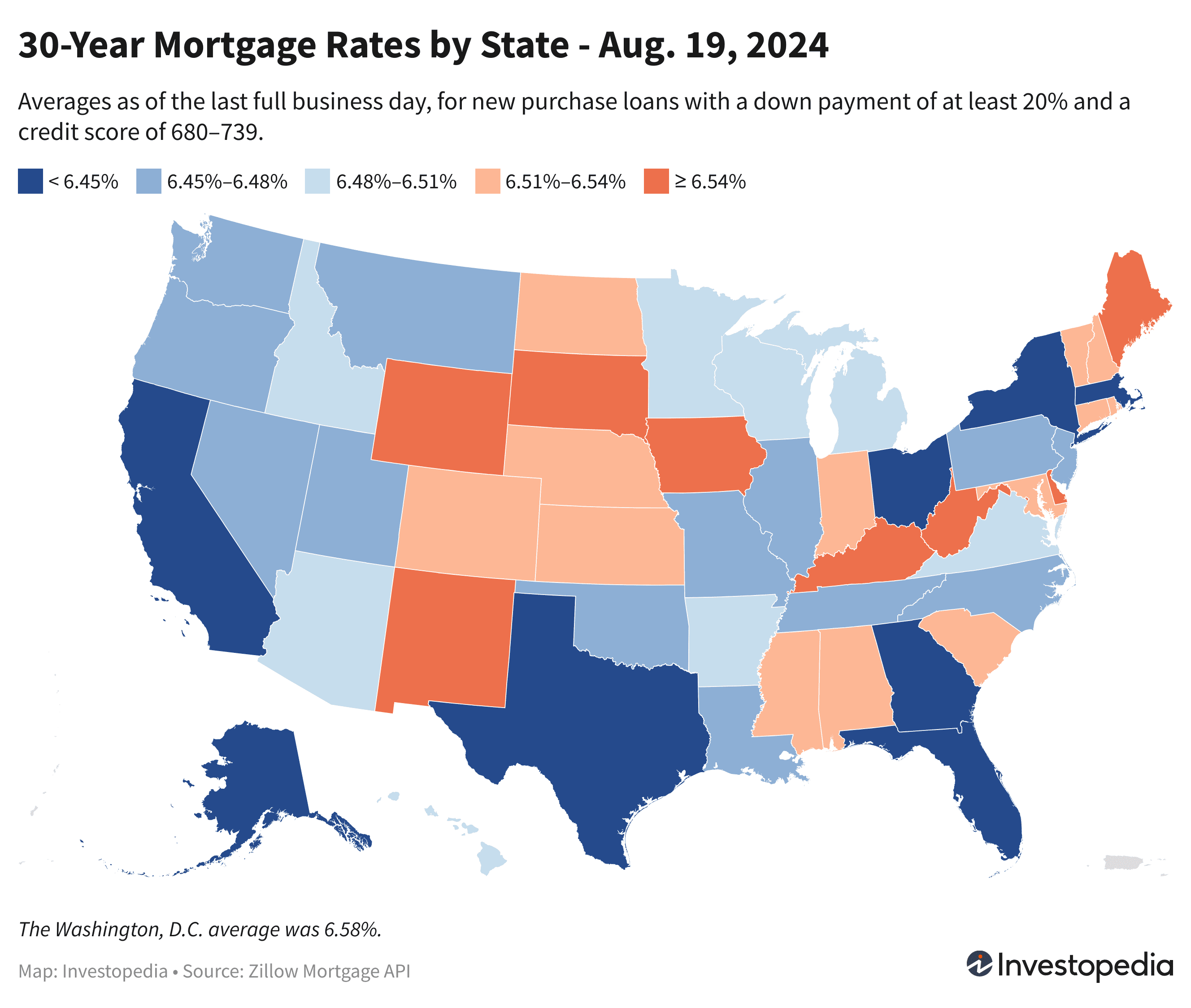 U.S. map showing the 30-year mortgage rates for every state - Aug. 19, 2024