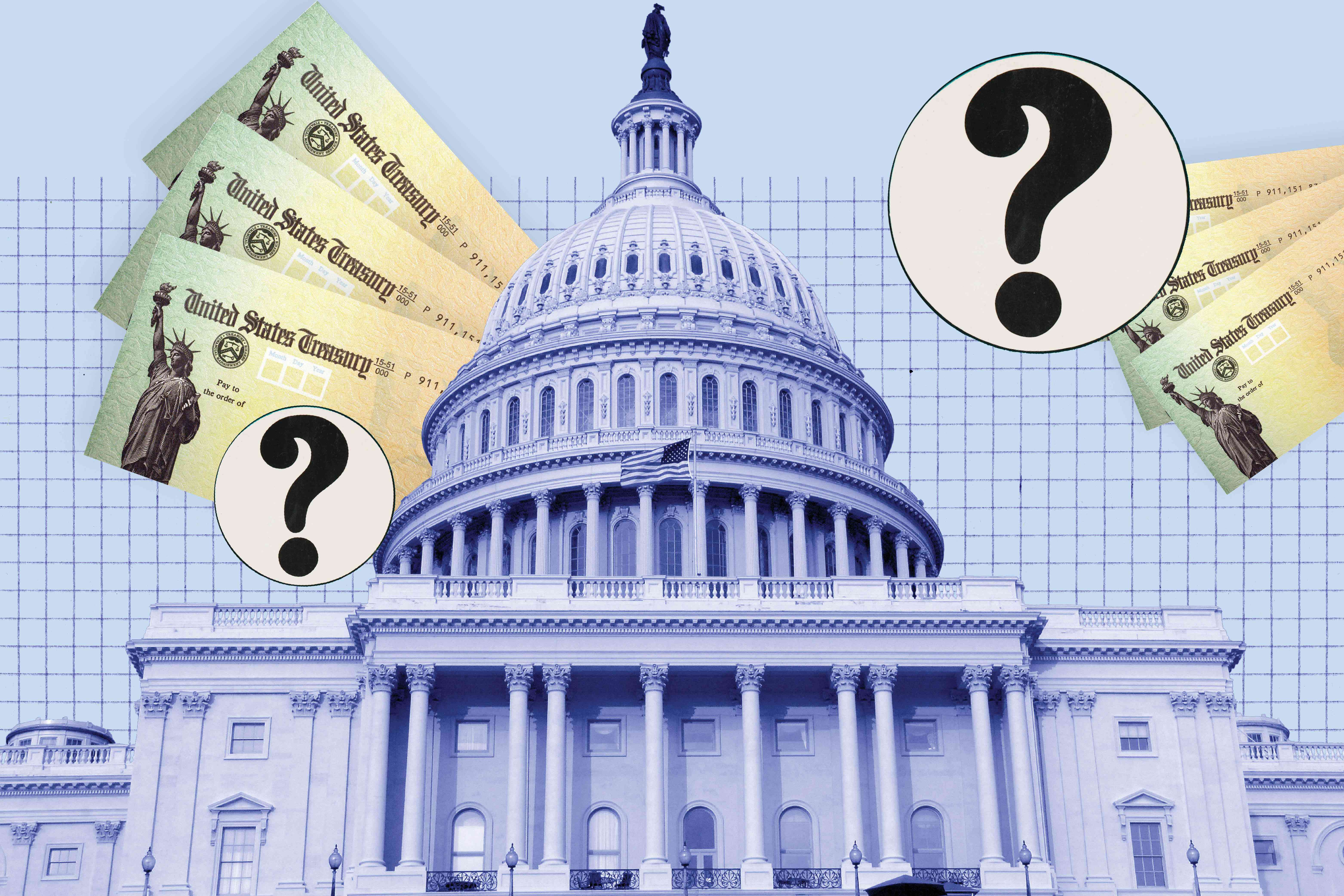 An illustration shows social security checks, a congressional building and question marks.