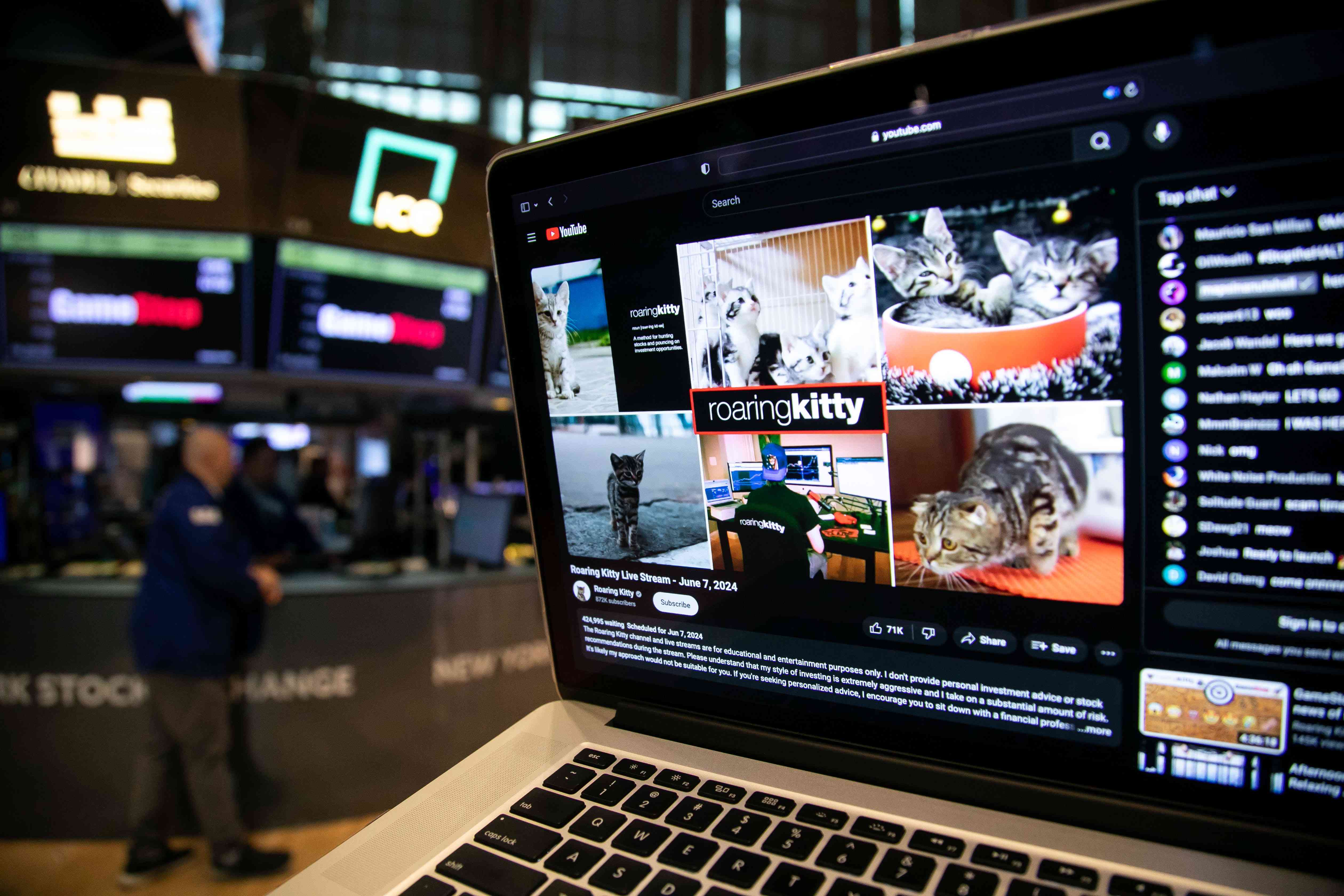 A YouTube livestream from Keith Gill, a Reddit user credited with inspiring GameStop's rally, arranged on a laptop at the New York Stock Exchange.