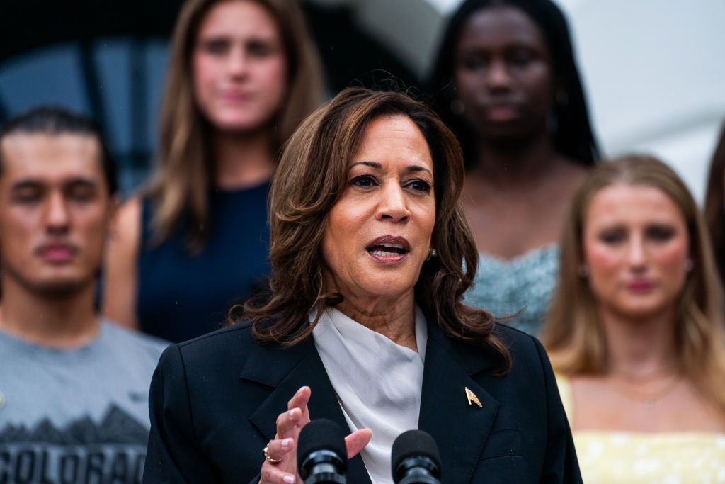 Vice President Kamala Harris speaks during an event with NCAA college athletes on the South Lawn of the White House in Washington, Monday, July 22, 2024.