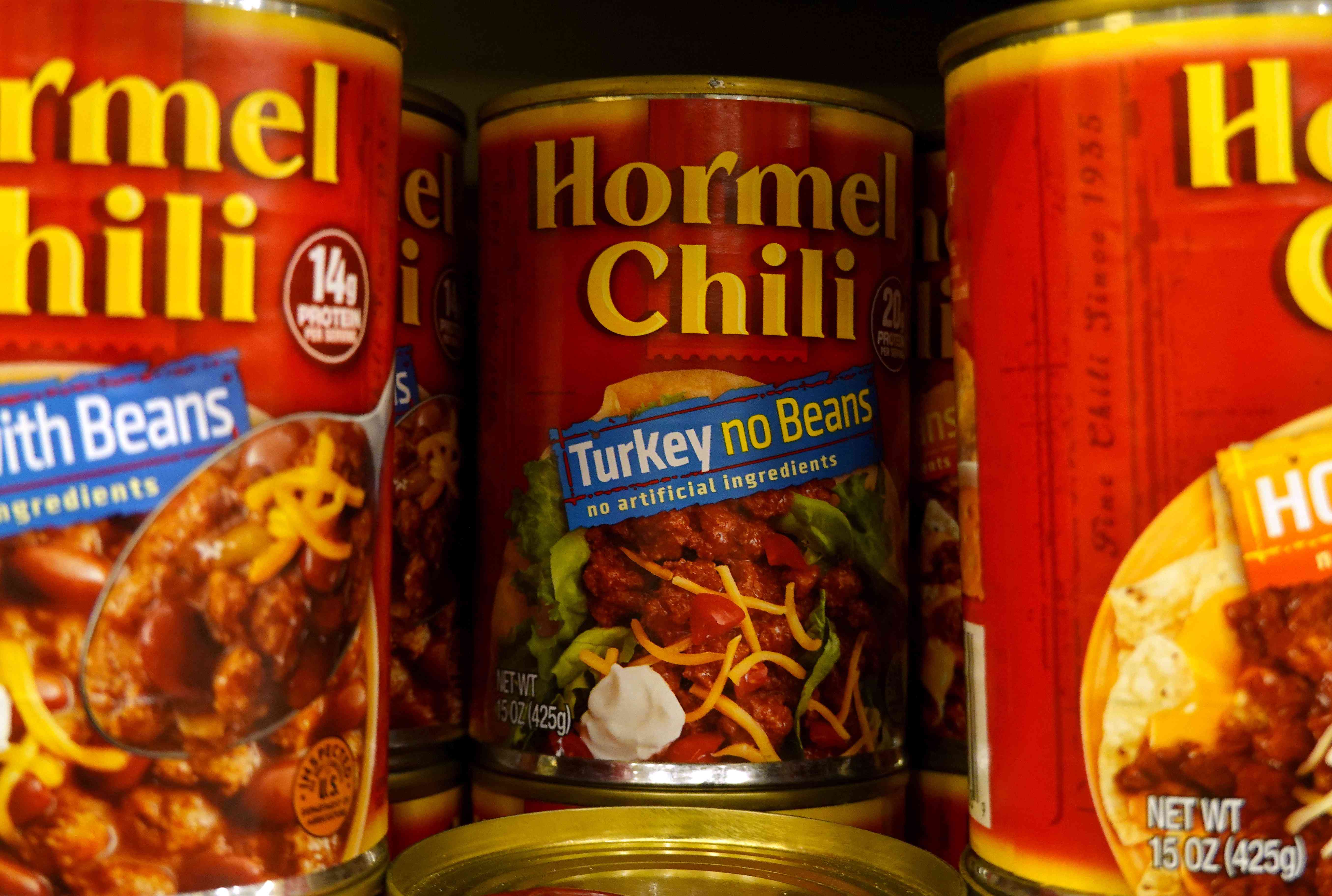 Cans of Hormel chili in a shop in California in August. 