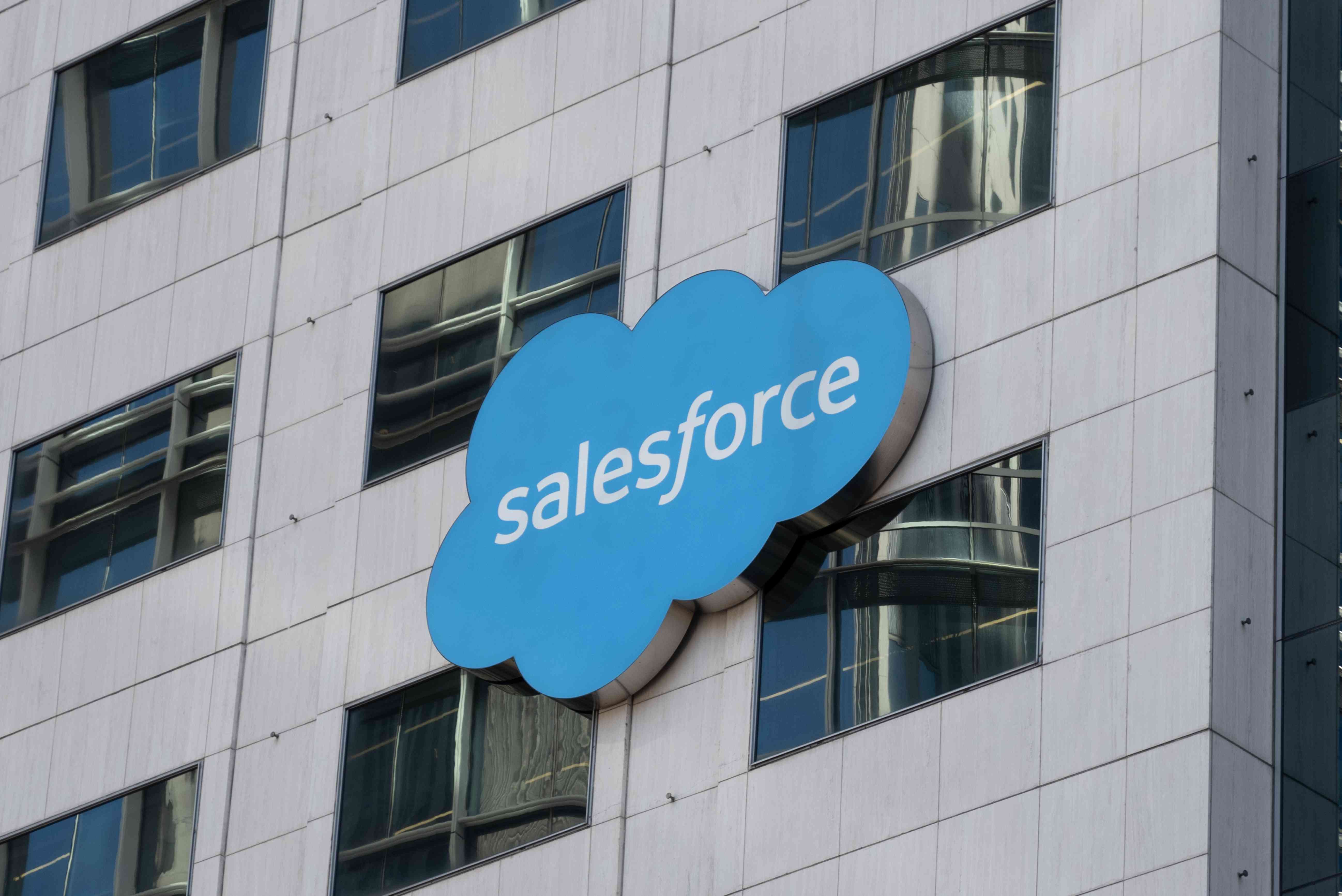 The Salesforce logo on the exterior of a San Francisco office building. 