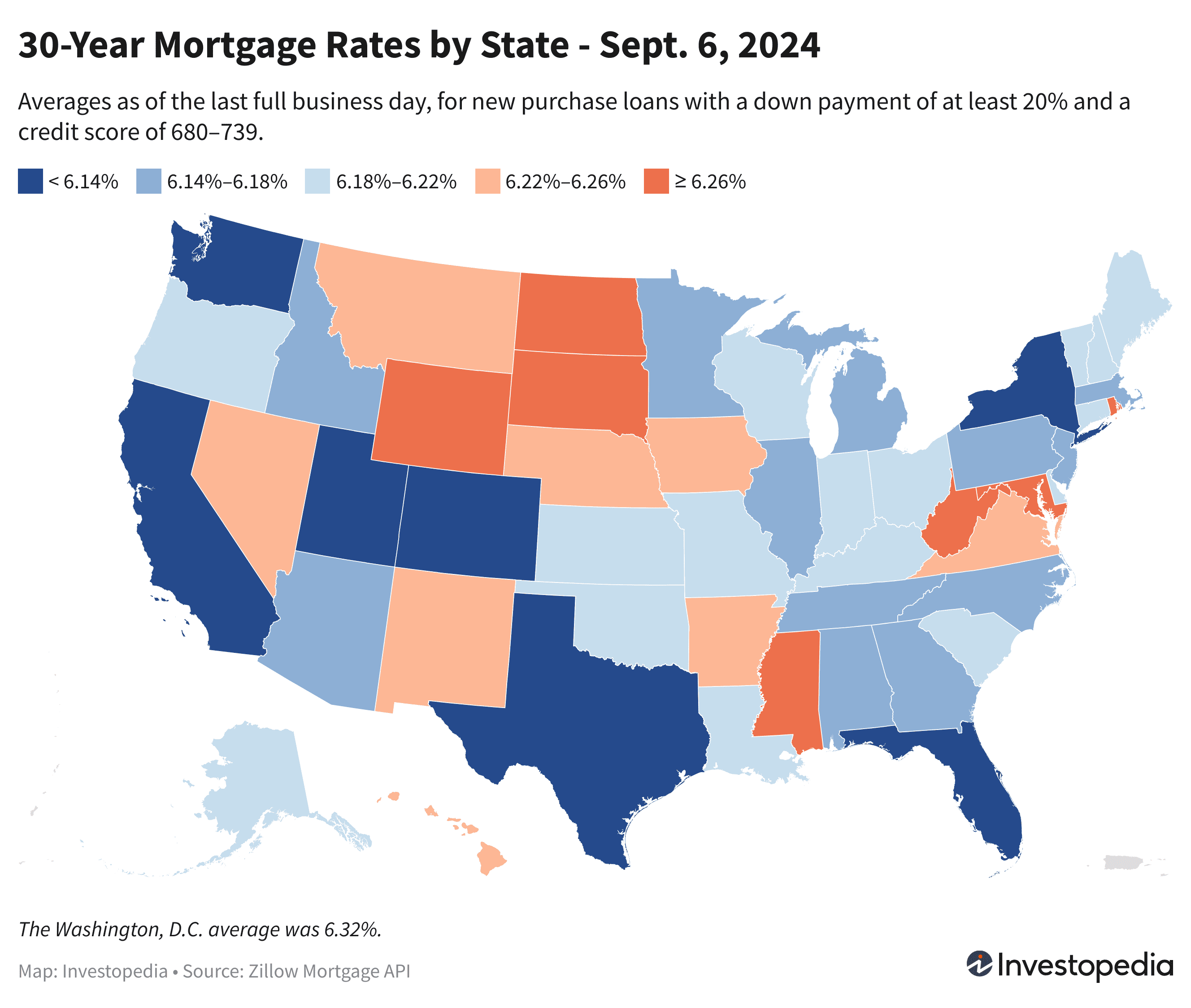 U.S. map showing the 30-year mortgage rates for every state - Sep. 6, 2024