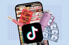 illustration of a smartphone, tiktok app, merchandise and dollar bills