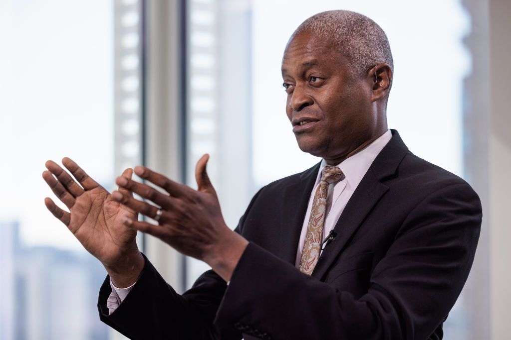 Raphael Bostic, president and chief executive officer of the Federal Reserve Bank of Atlanta, speaks during a Bloomberg Television interview in Atlanta, Georgia, US, on Friday, Nov. 3, 2023.