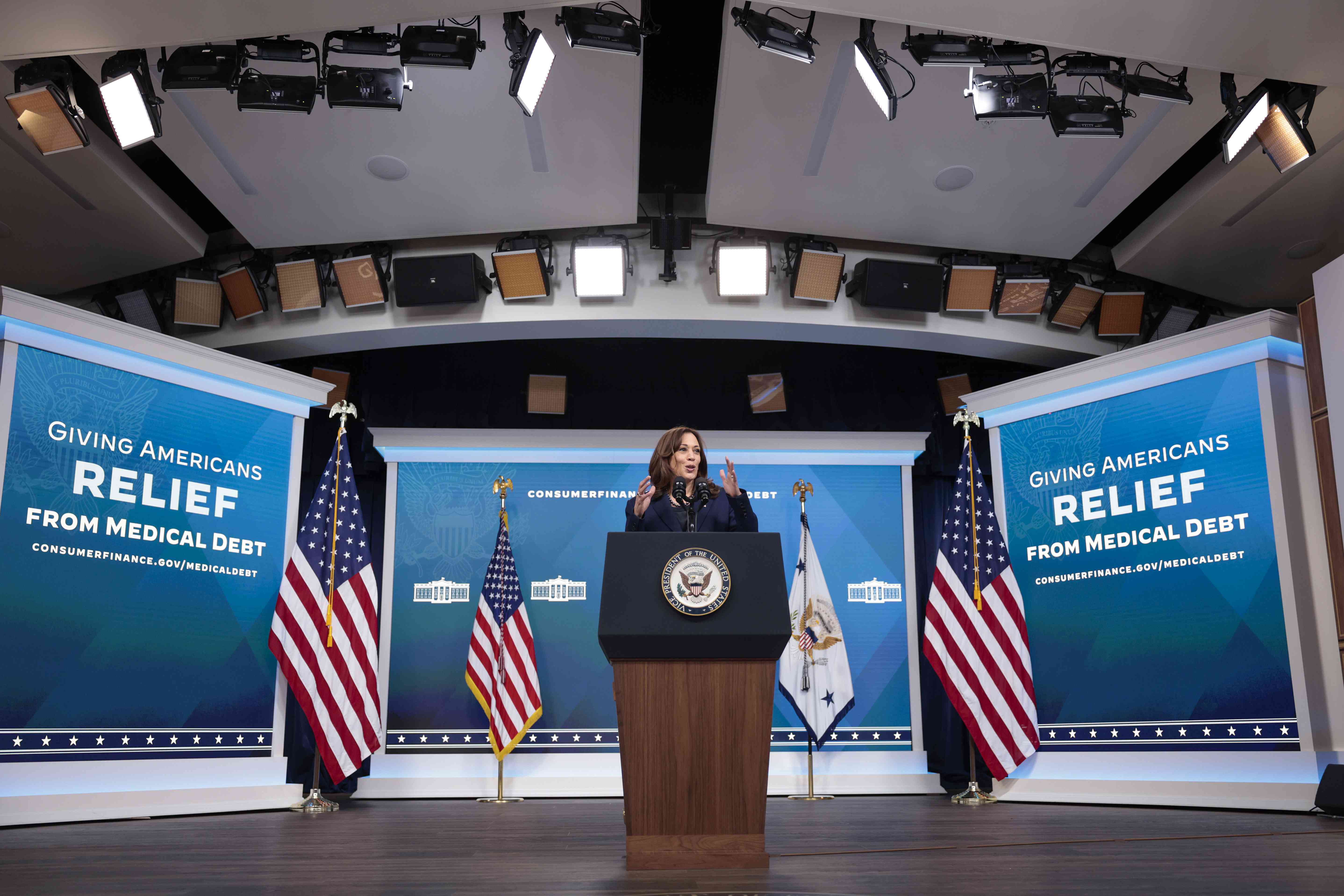 U.S. Vice President Kamala Harris delivers remarks on medical debt in the South Court Auditorium of the White House on April 11, 2022, in Washington, D.C