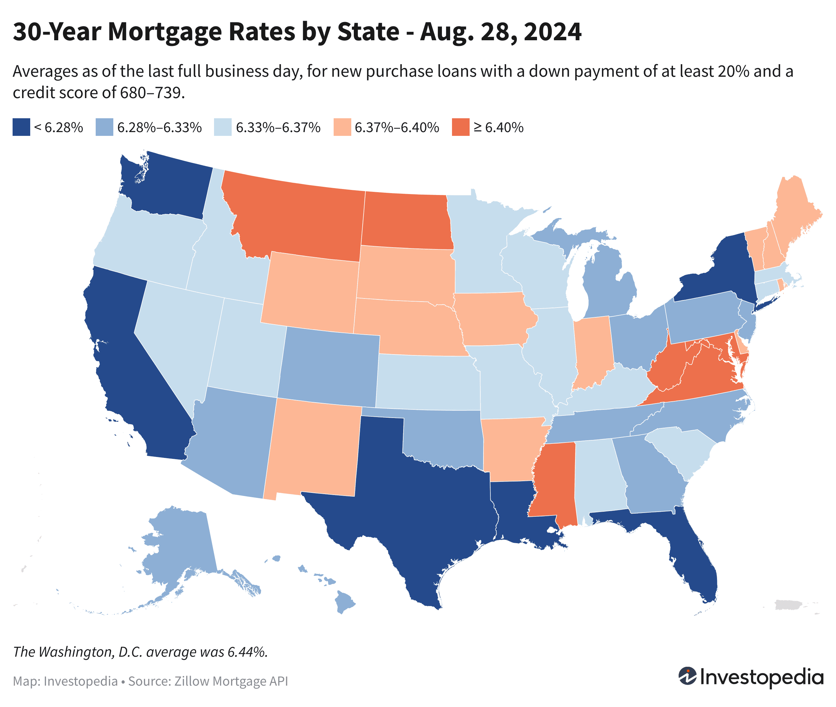 U.S. map showing the 30-year mortgage rates for every state - Aug. 28, 2024