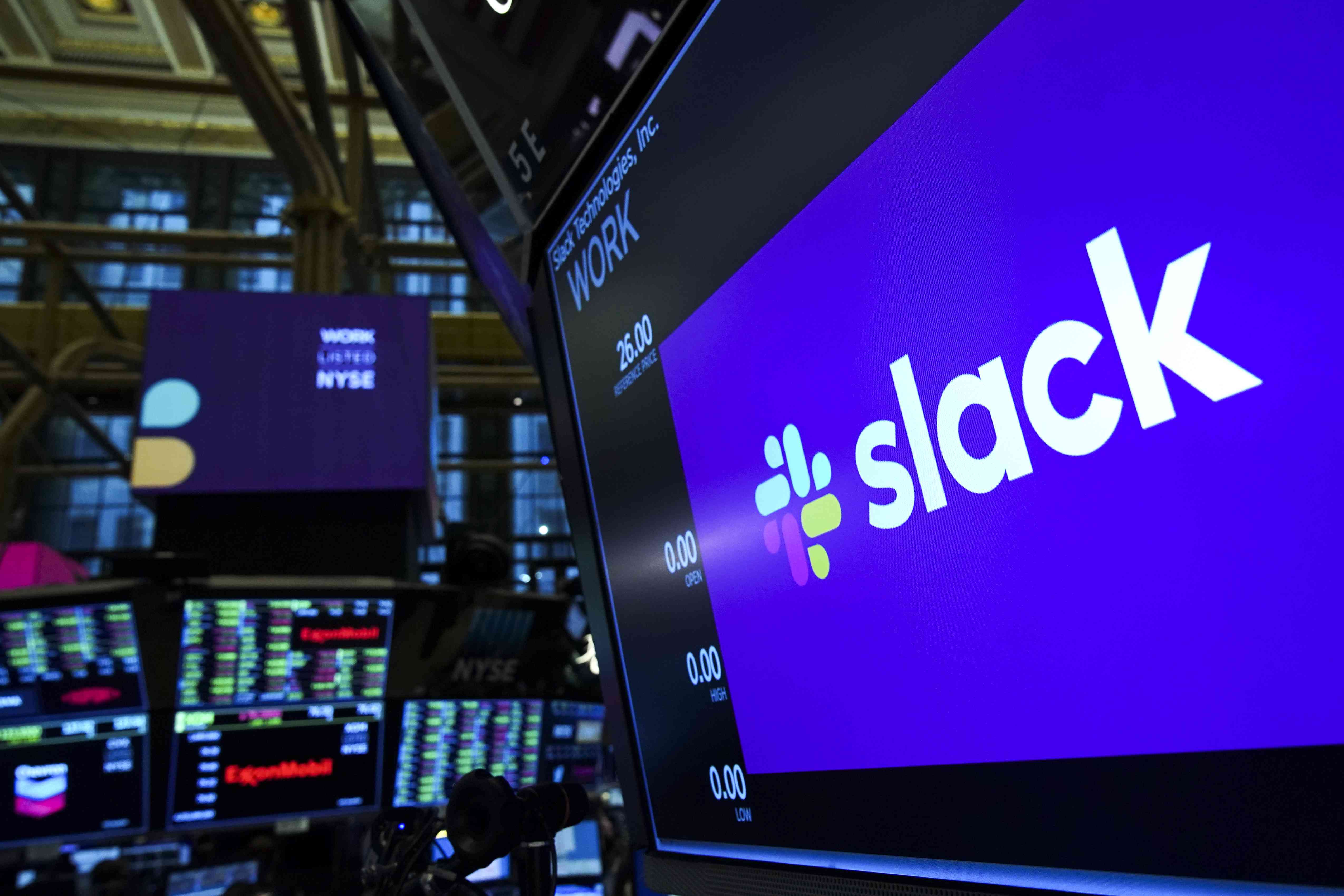 The logo for Slack is displayed on a trading post monitor at the New York Stock Exchange (NYSE), June 20, 2019 in New York City. 